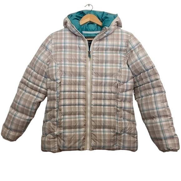 BEIGE ecru Woolrich down jacket puffer plaid ecru nude turquoise neutral - Picture 1 of 16